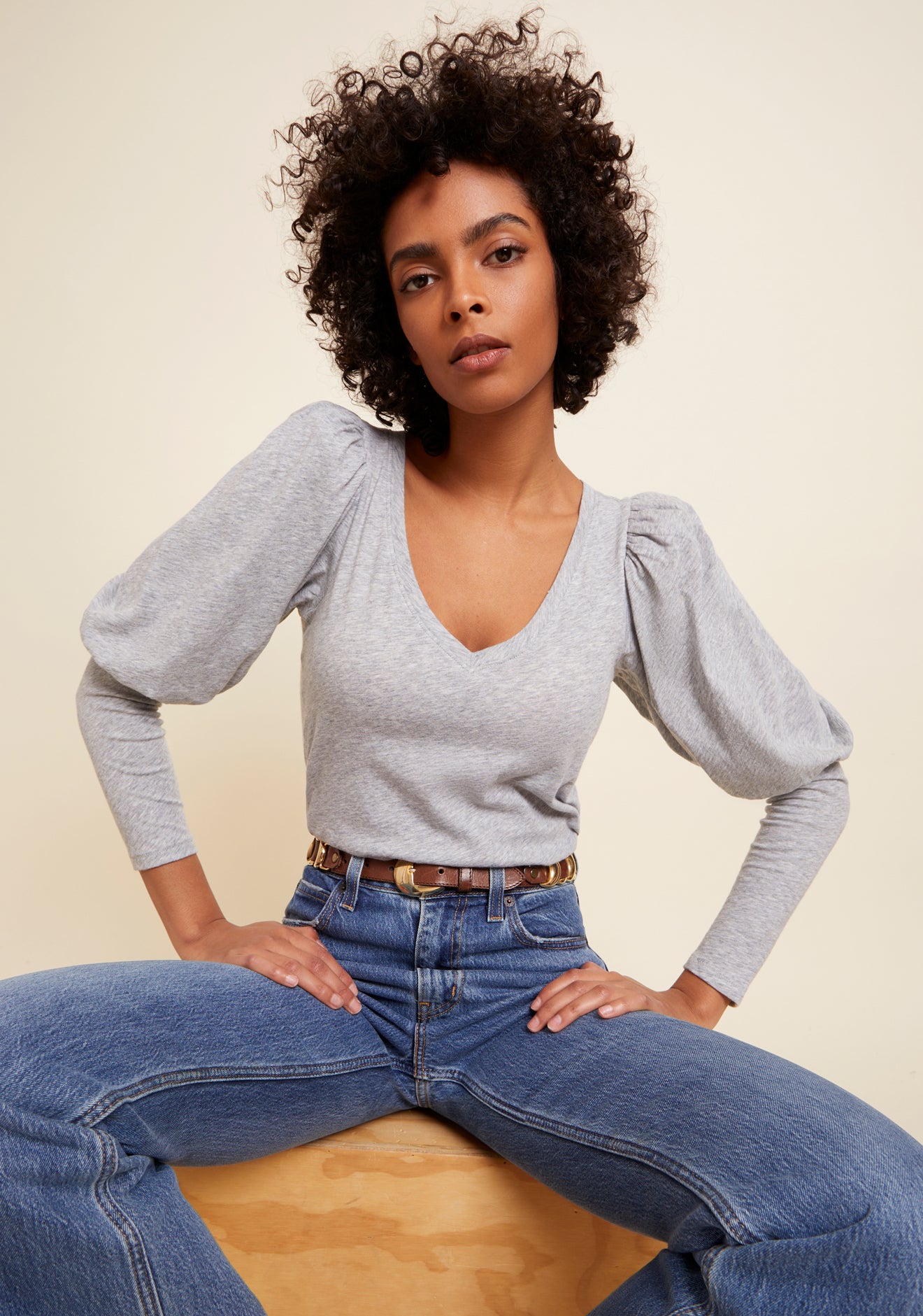 Emilia Drama Sleeve V-Neck Tee- Heather Grey