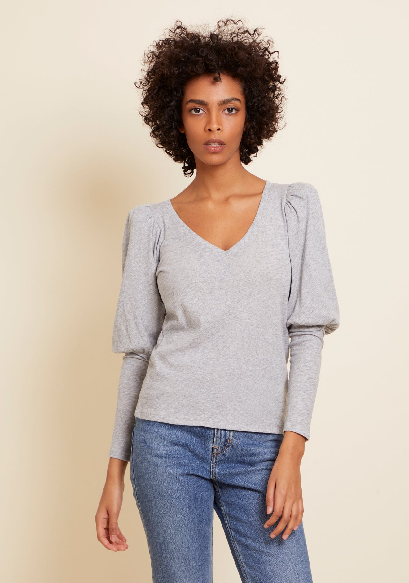 Emilia Drama Sleeve V-Neck Tee- Heather Grey