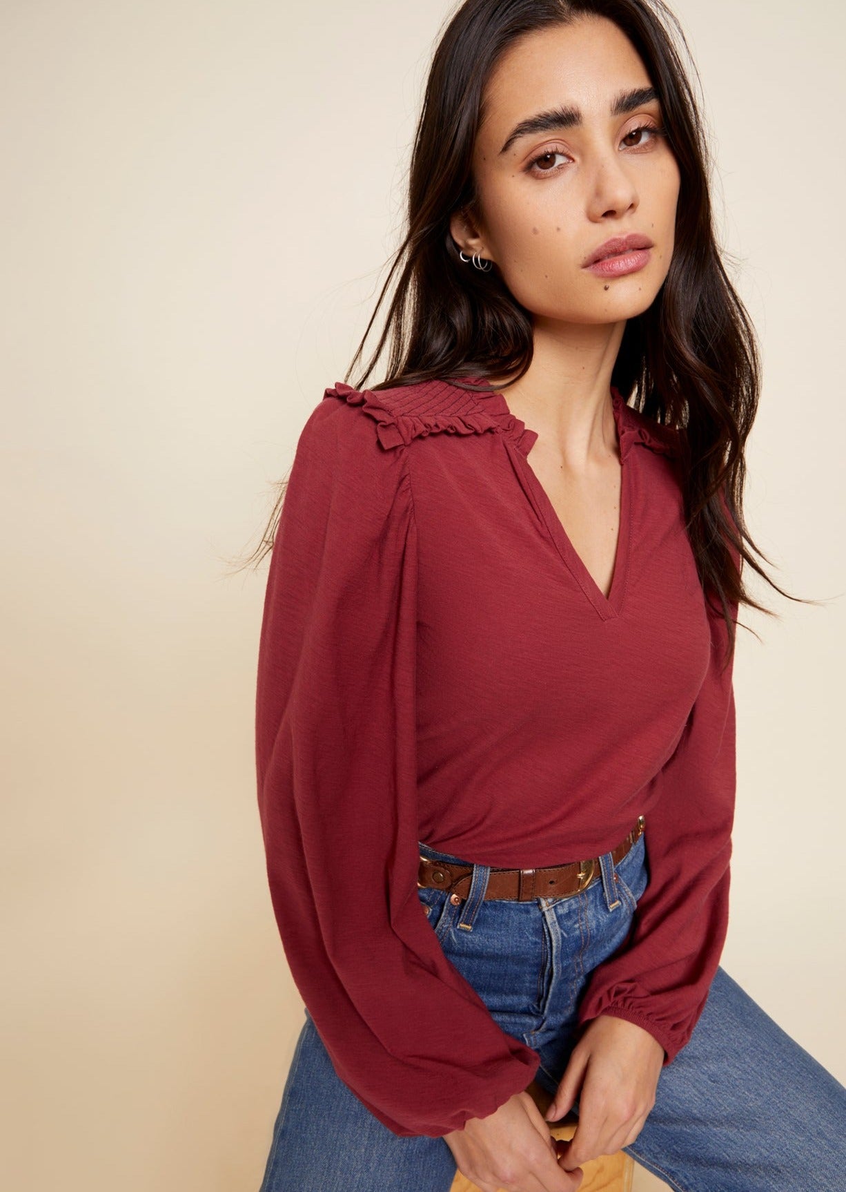 Dolly Smocked Shoulder Tee- Curtain Call