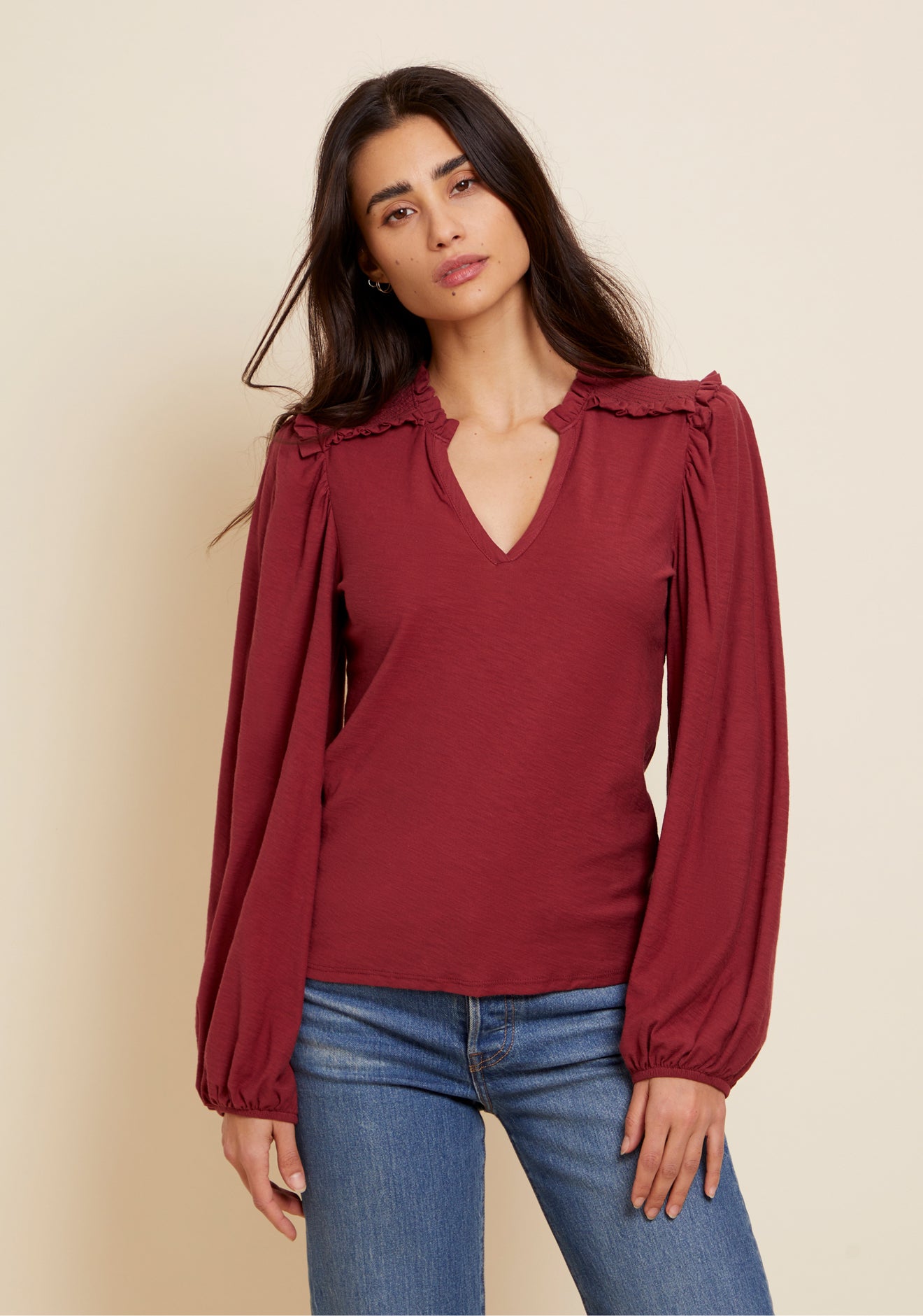 Dolly Smocked Shoulder Tee- Curtain Call