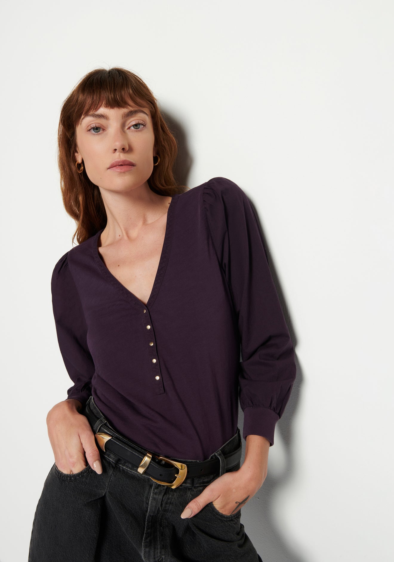 Ivy Feminine Snap Henley- Fig Jam**FINAL SALE**