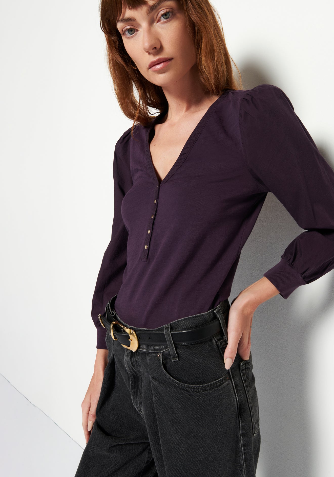 Ivy Feminine Snap Henley- Fig Jam**FINAL SALE**
