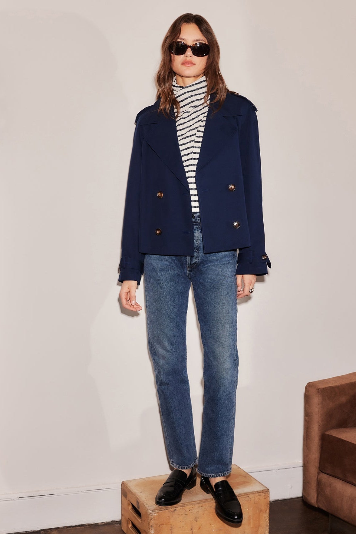 Chelsea Cropped Trench Jacket- Navy