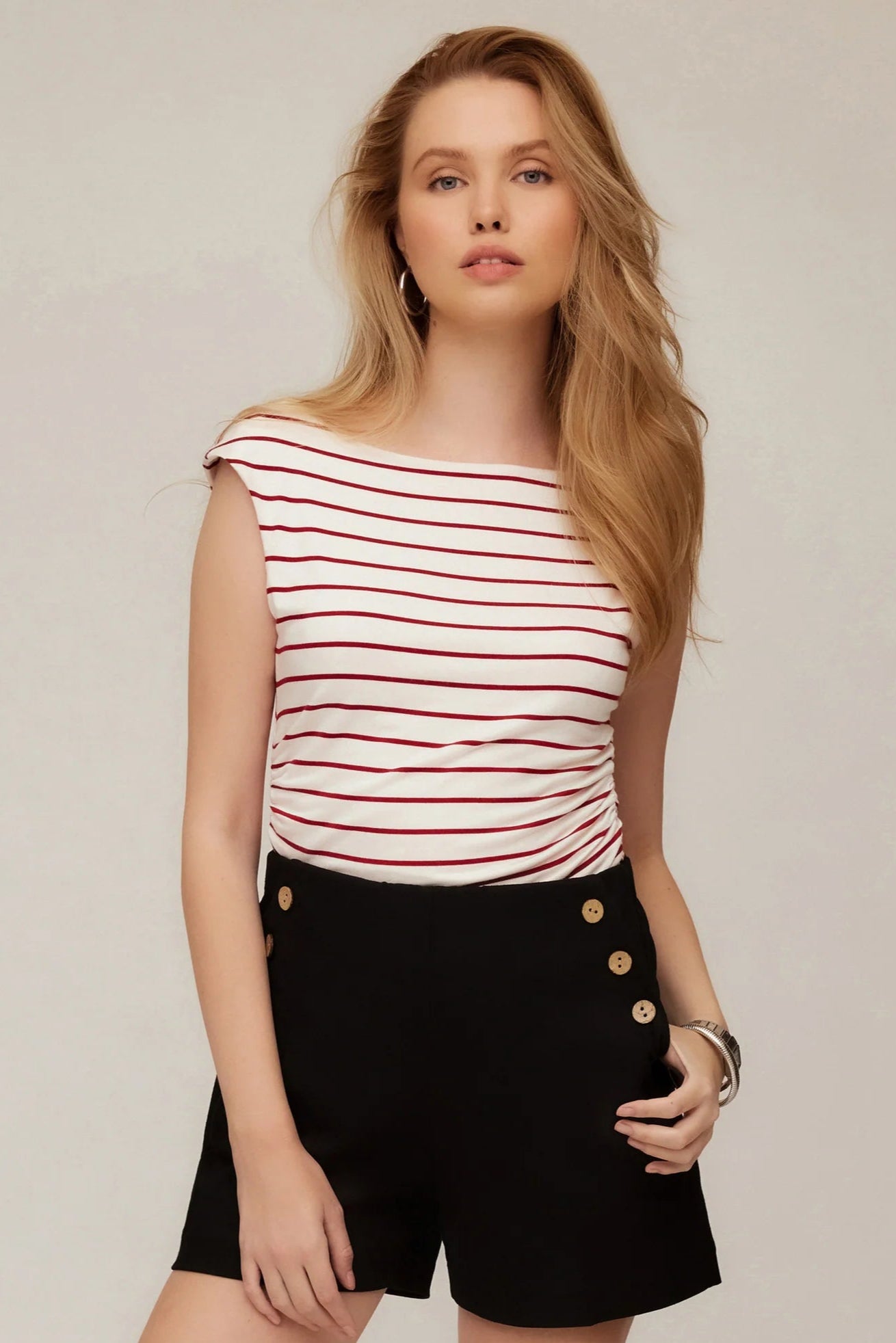 Tasha Side Shirred Top- Red Stripe
