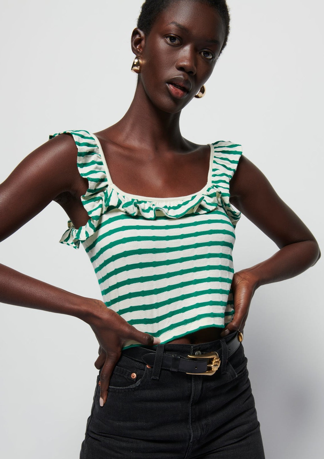Rosa Stripe Ruffle Top- Verdant Green Stripe