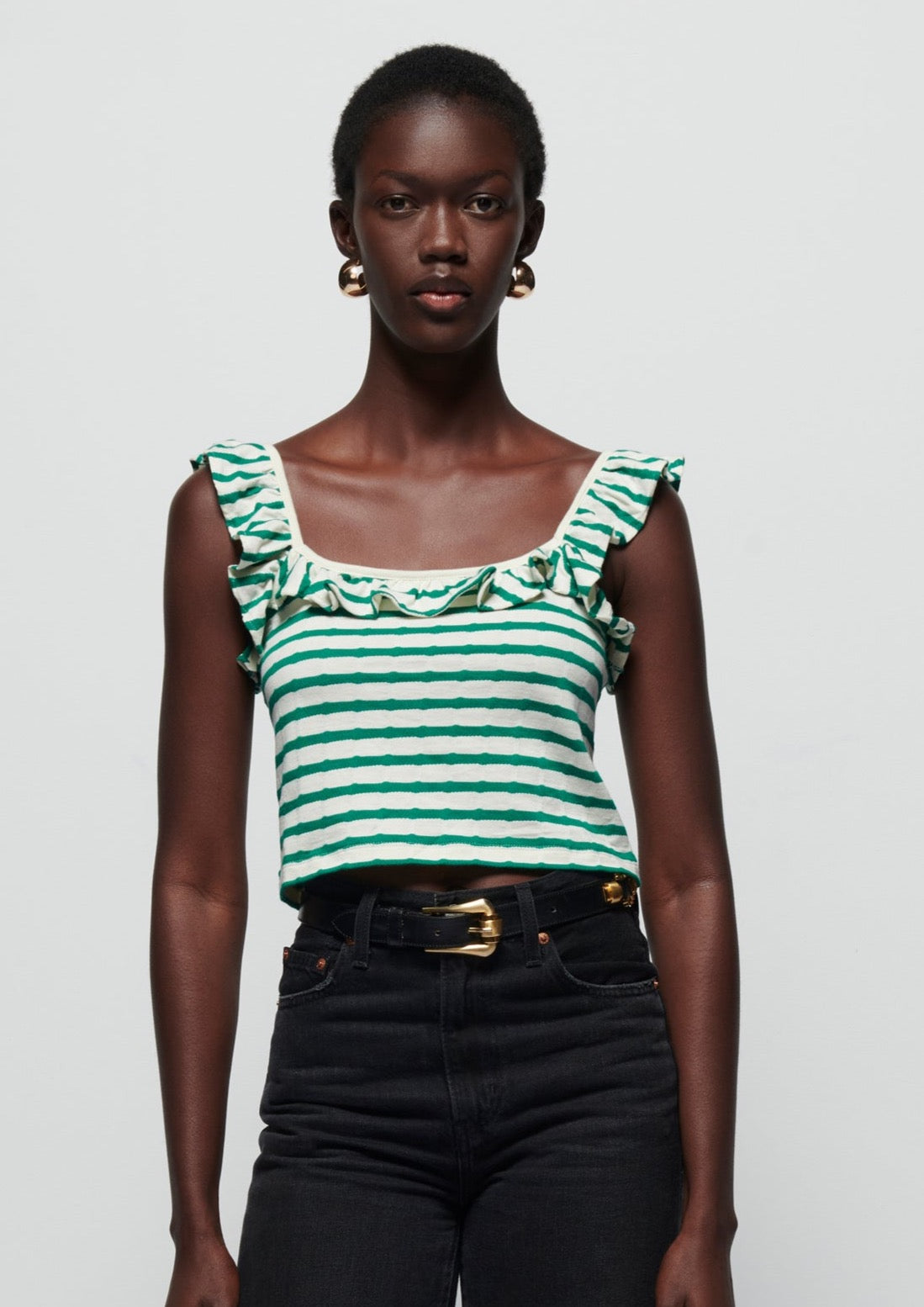 Rosa Stripe Ruffle Top- Verdant Green Stripe