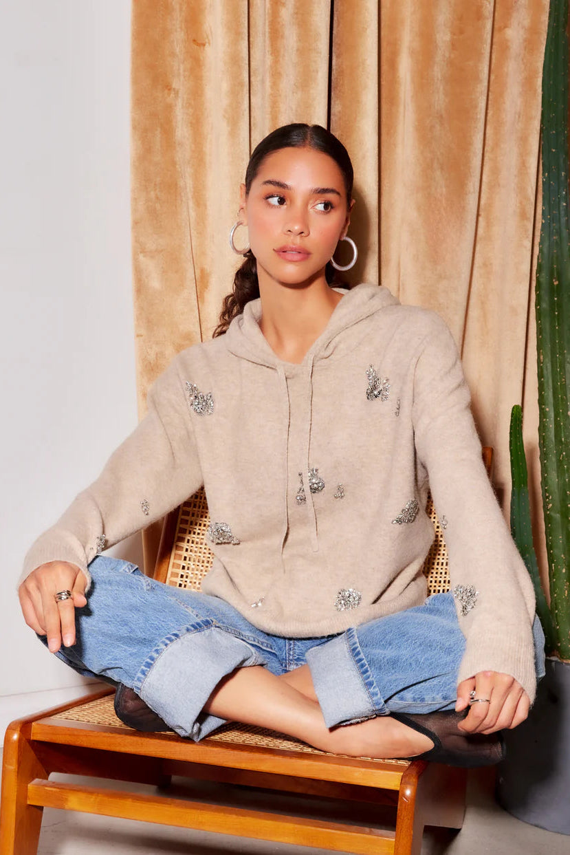 Krystal Embellished Hoodie- Heather Oatmeal