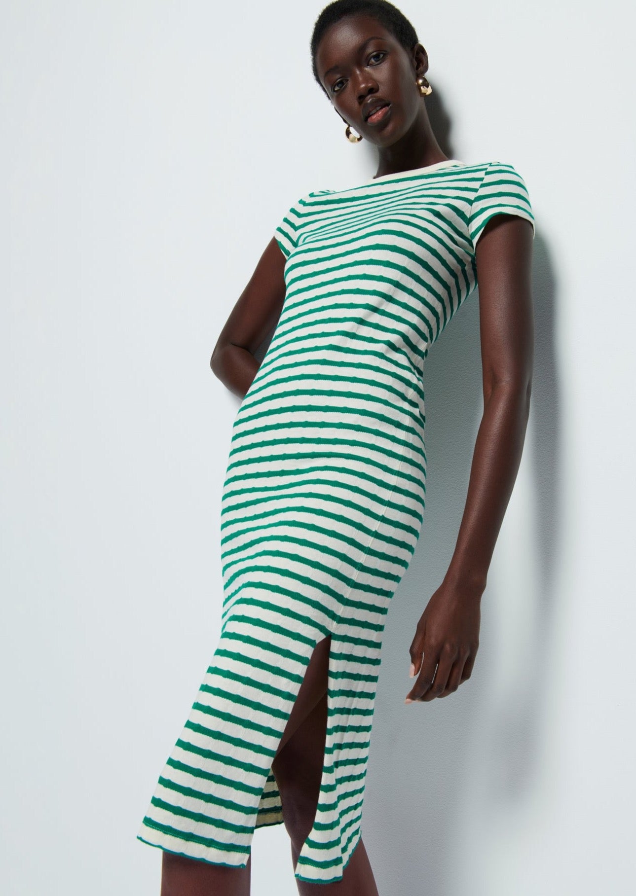 Ingrid Shrunken T-Shirt Dress- Verdant Green Stripe