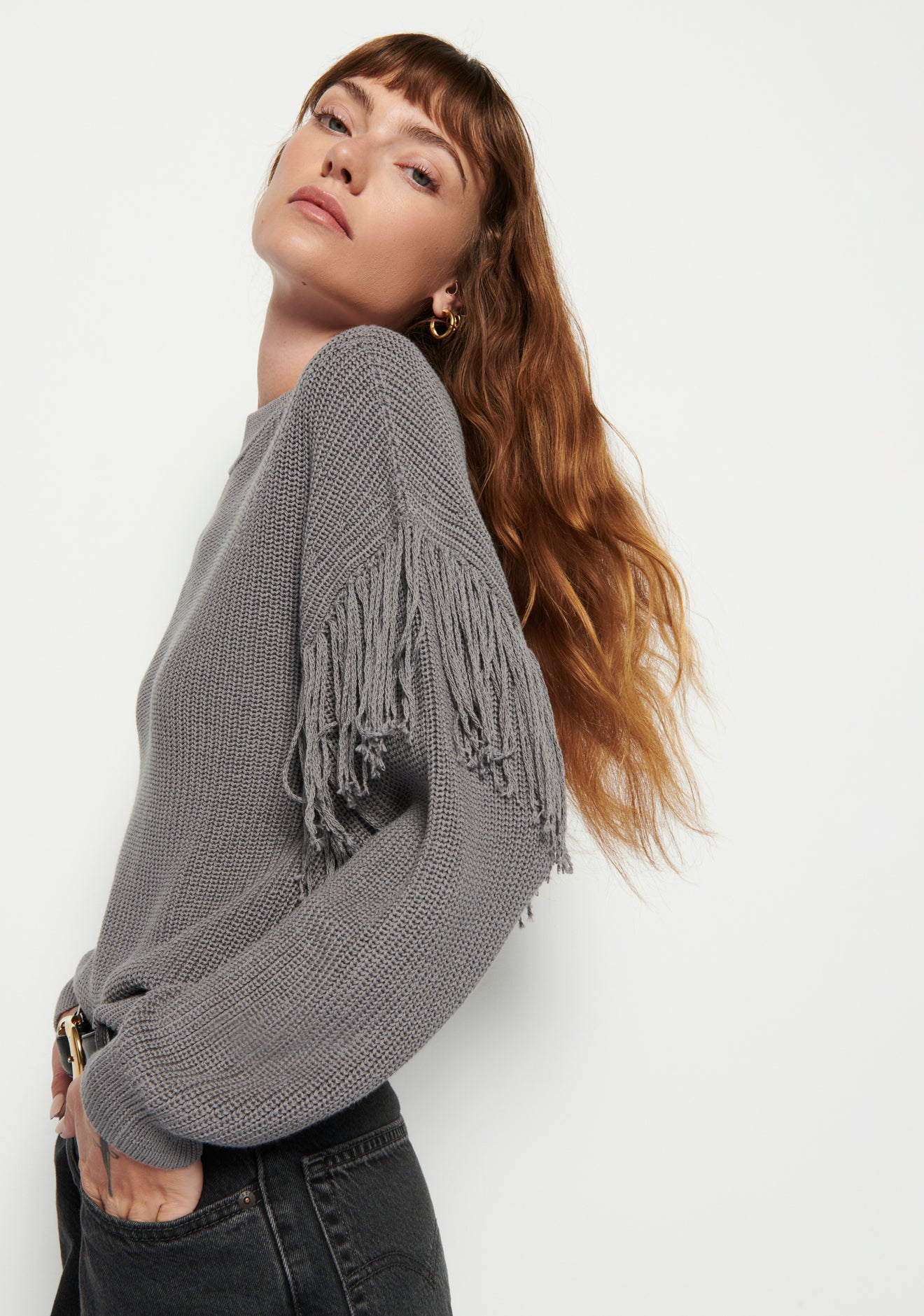 Carine Fringed Sweater- Smoke