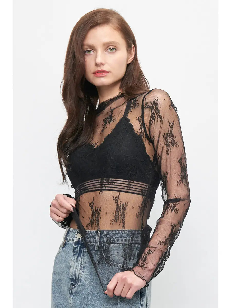 Long Sleeve Sheer Lace Mesh Top Black