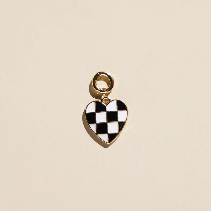 Black & White Checkered Heart Charm-Gold