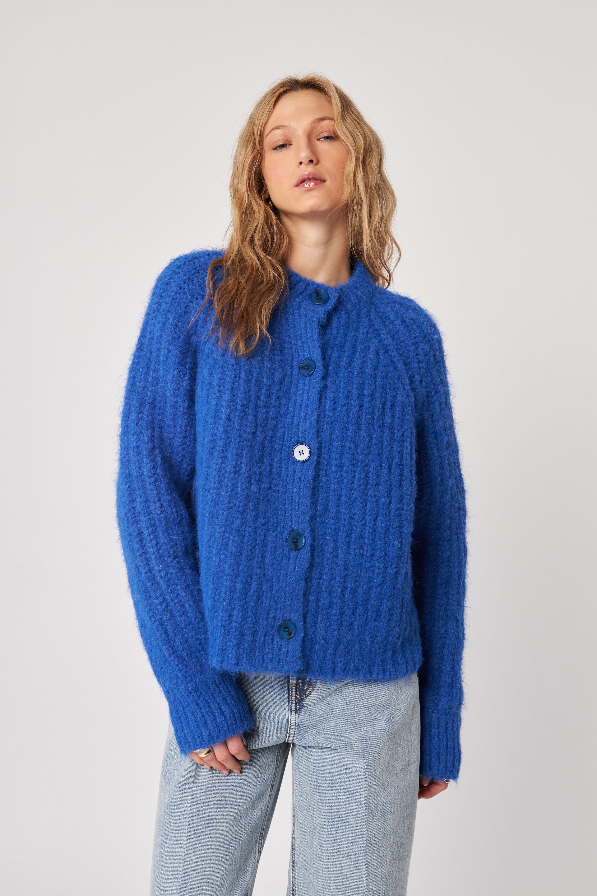 Benny Relaxed Ribbed Cardigan—Electric Cobalt