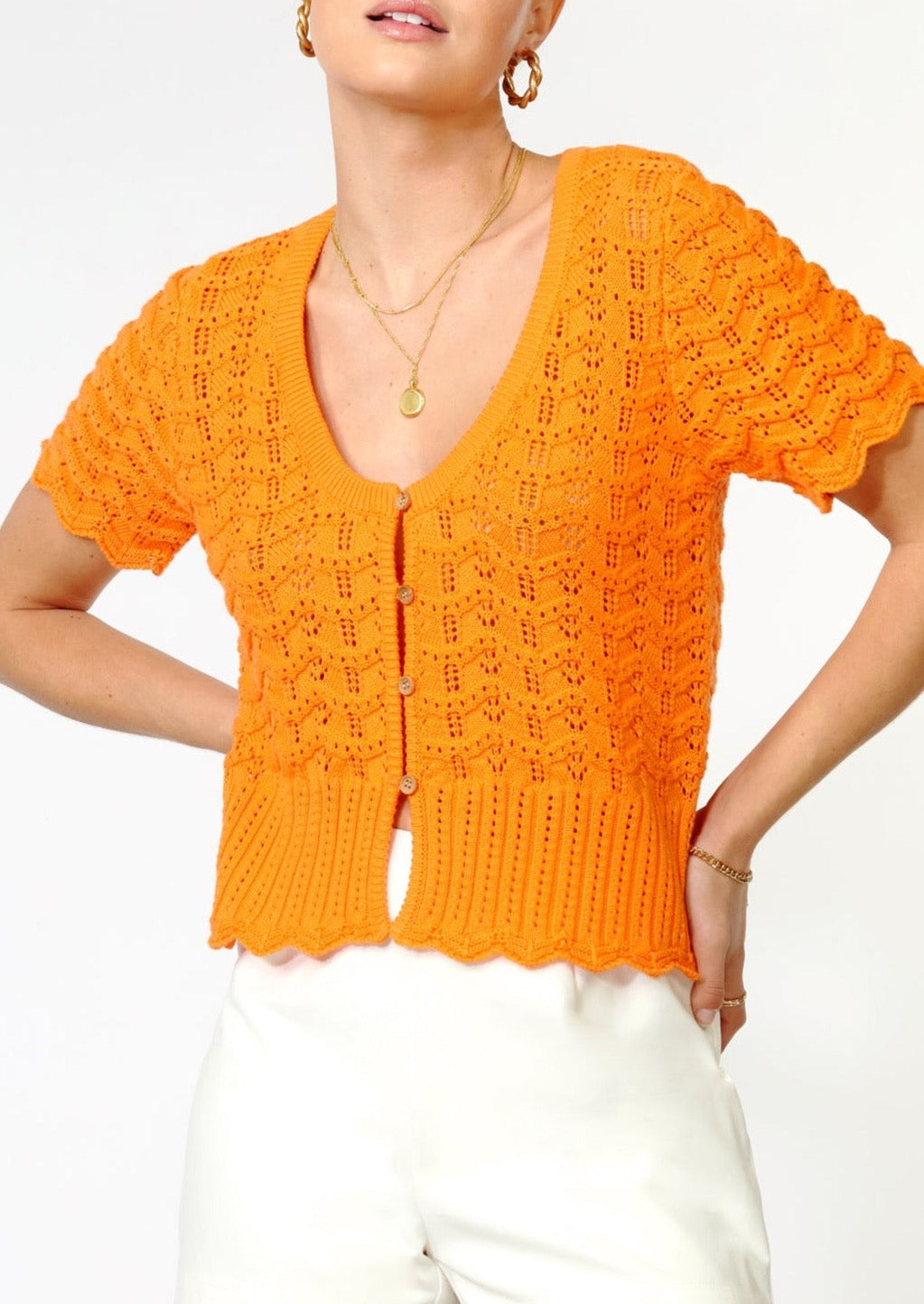 Shanti Scalloped Open Neck Cardigan- Orange
