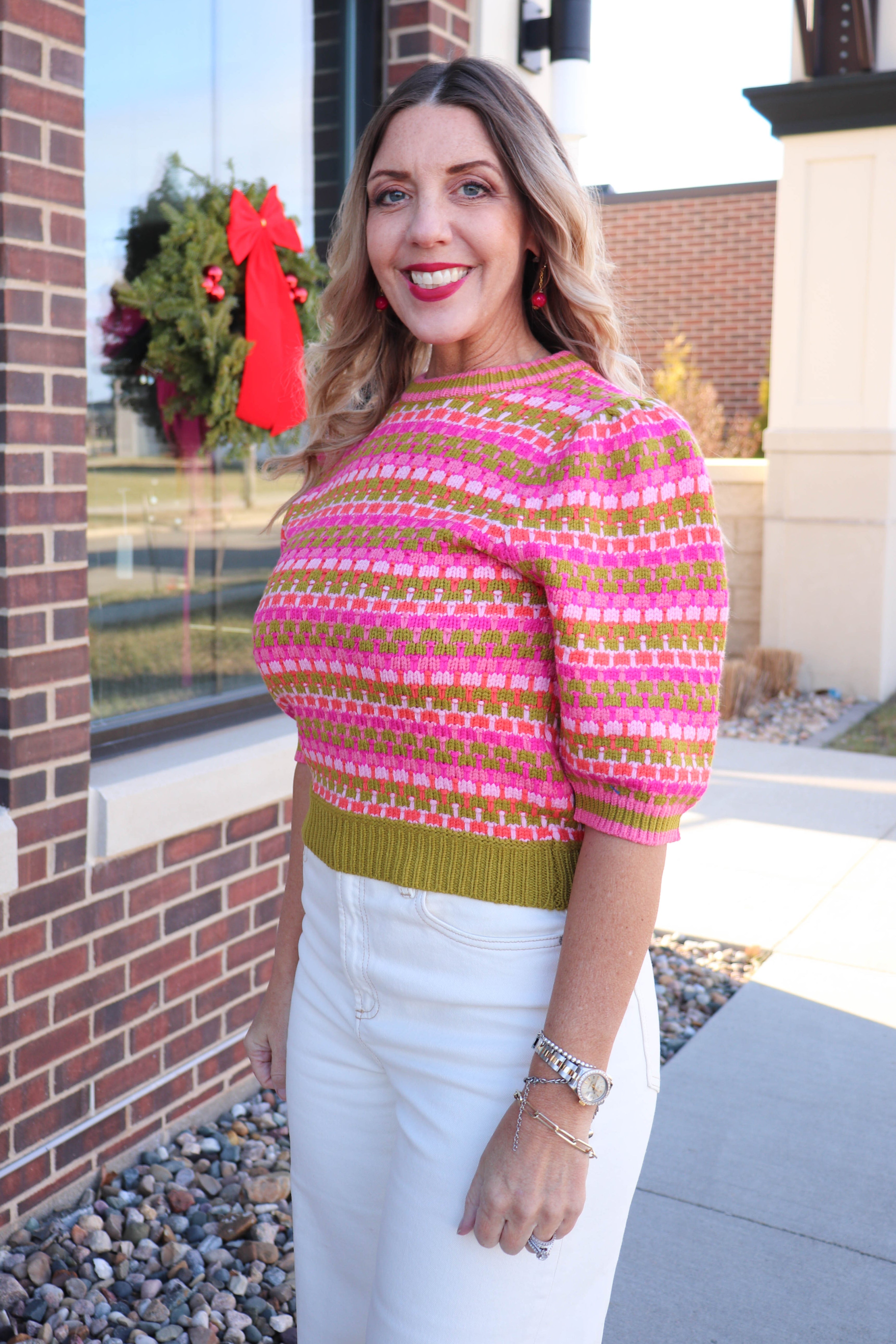 THML Short Sleeve Woven Knit Sweater—Pink/Green