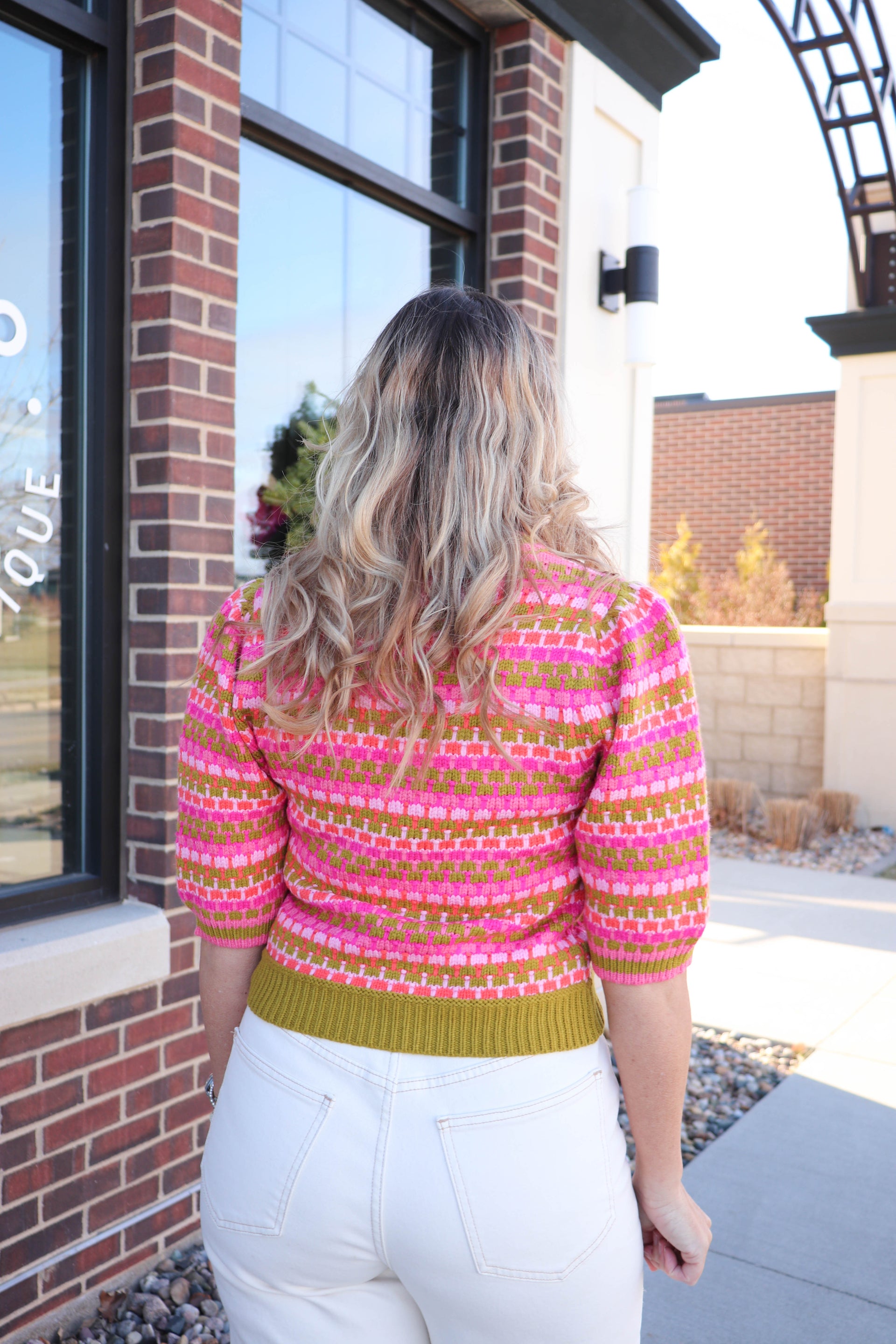 Short Sleeve Woven Knit Sweater—Pink/Green **Final Sale**