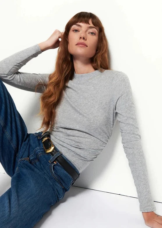 Rita Mock Neck Tee- Heather Grey