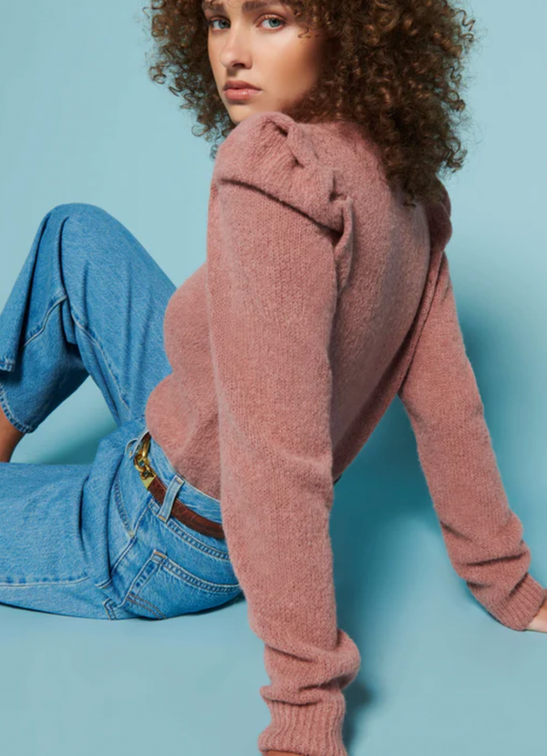 Lara Puff Shoulder V-Neck Sweater- Flush Pink