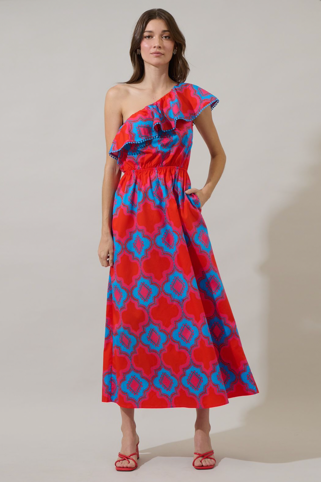 Devany One Shoulder Ruffle Dress- Red/Blue **Final Sale**