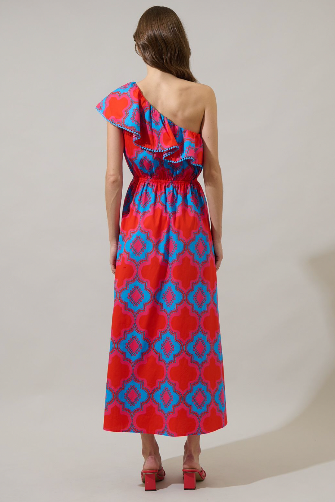 Devany One Shoulder Ruffle Dress- Red/Blue **Final Sale**