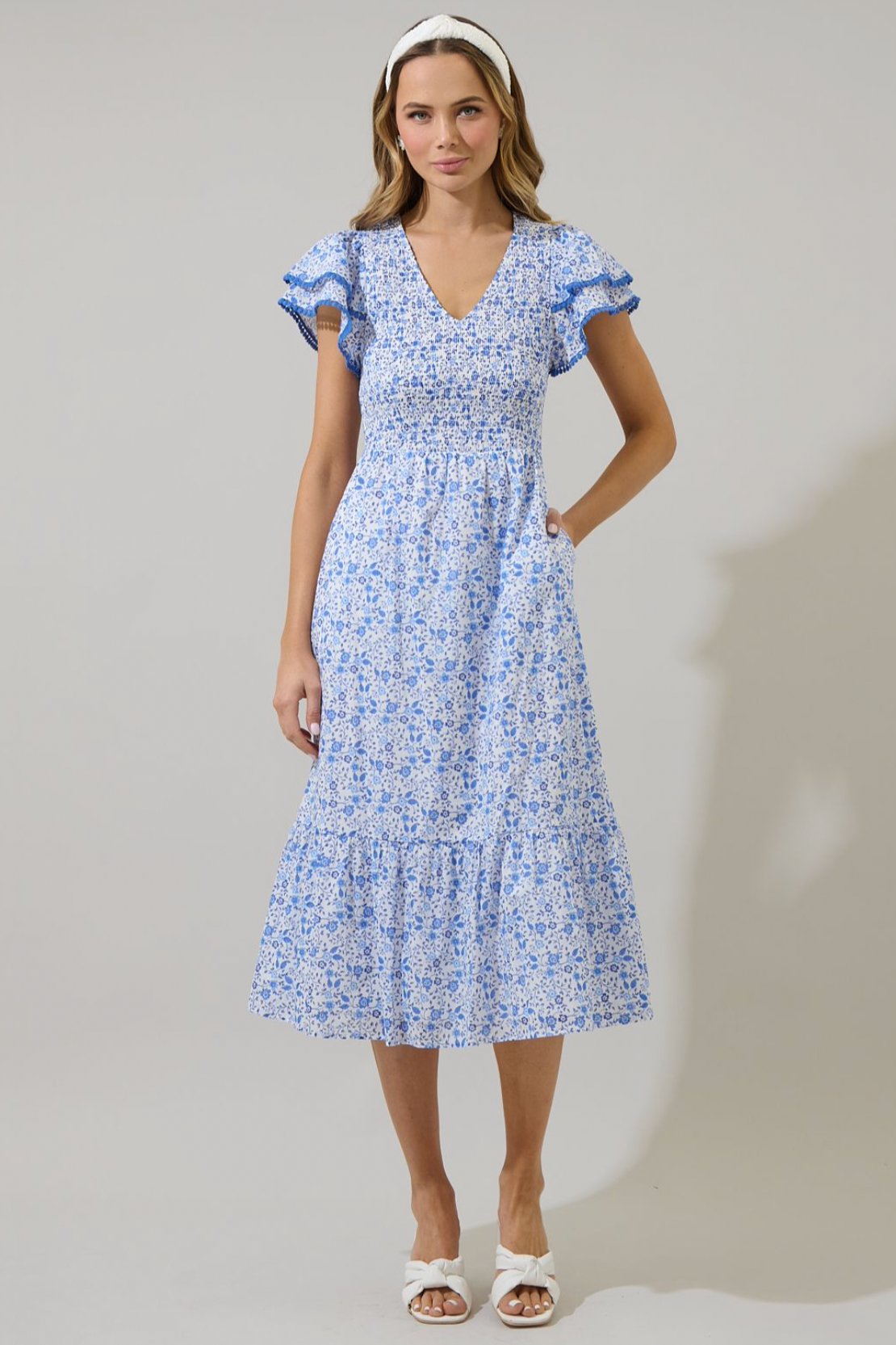 Maisie Floral Patte Tiered Midi Dress- Blue/White
