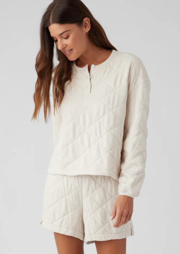 Quilted Long Sleeve Henley Sweatshirt- Ecru