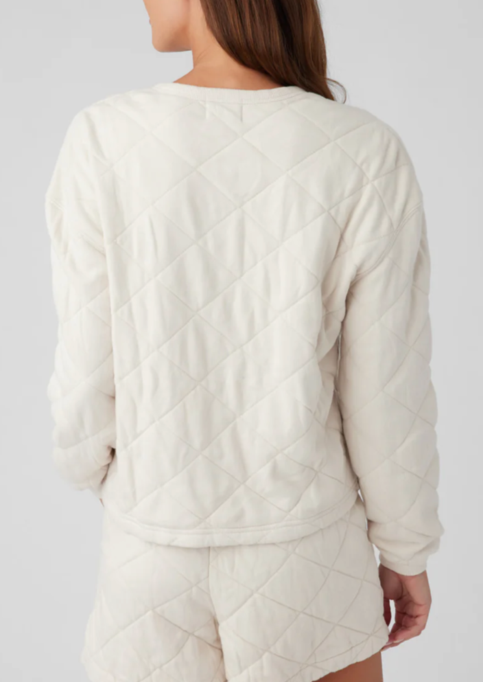 Quilted Long Sleeve Henley Sweatshirt- Ecru