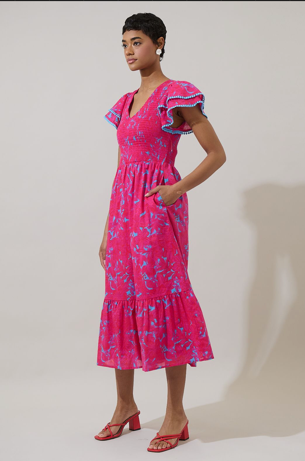 Delina Floral Patte Tiered Midi Dress- Pink/Blue