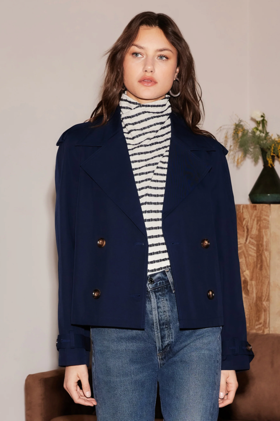 Chelsea Cropped Trench Jacket- Navy