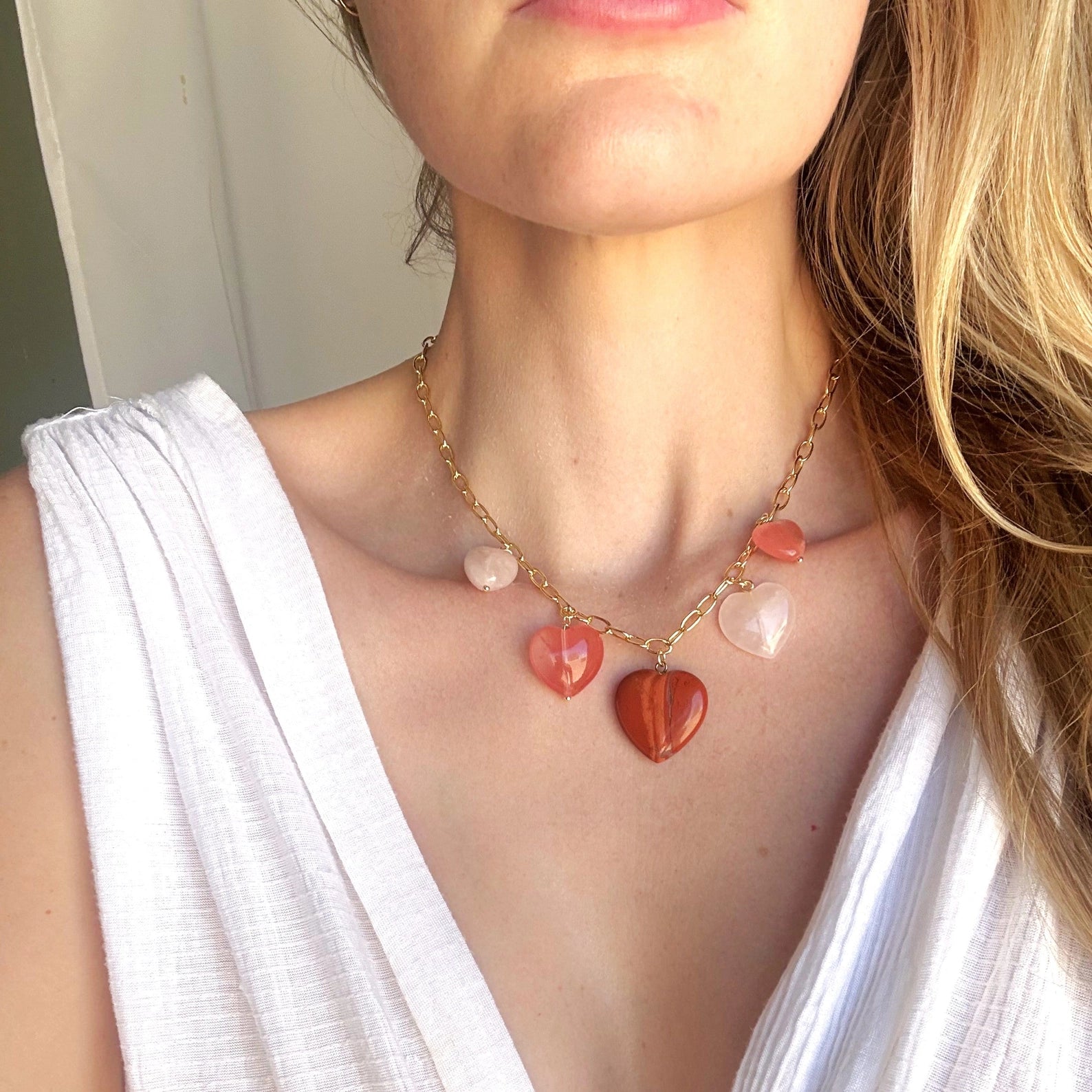 Sierra Stone Heart Multi Charm Necklace- Dark Pink