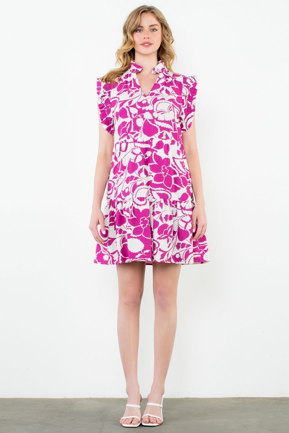 Ruffle Sleeve Print Dress- Purple/Cream