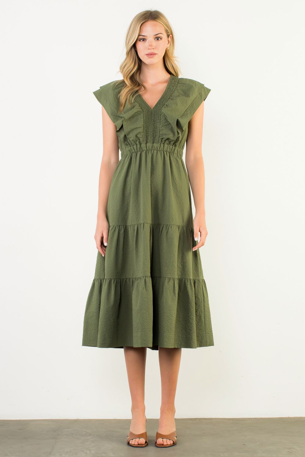 Thml Flutter Sleeve Tiered Midi Dress- Olive Green L Thml Flutter Sleeve Tiered Midi Dress- Olive Green L