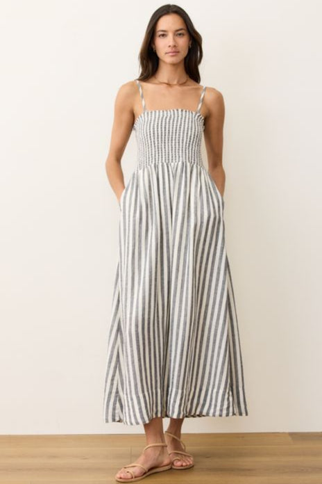 Smocked Strapless Dress- India Ink Stripe