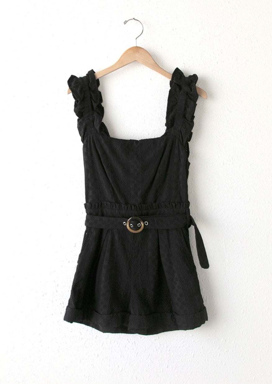 Sandi Embroidered Eyelet Scrunchie Strap Romper- Black **Final Sale**