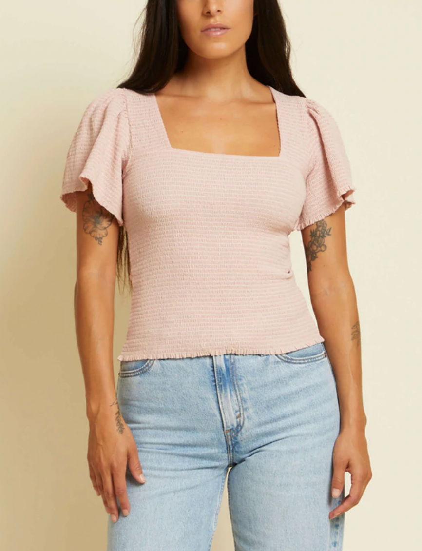 Nation LTD- Scarlett Smocked Flutter Sleeve Top- Light Pink**FINAl SALE**