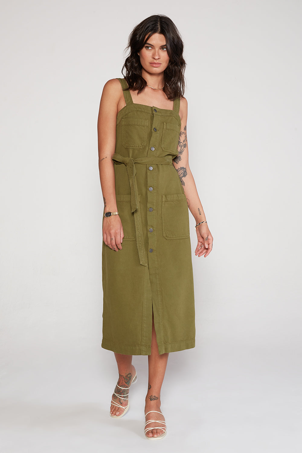 Luisa Olive Green Midi Denim Dress**FINAL SALE**