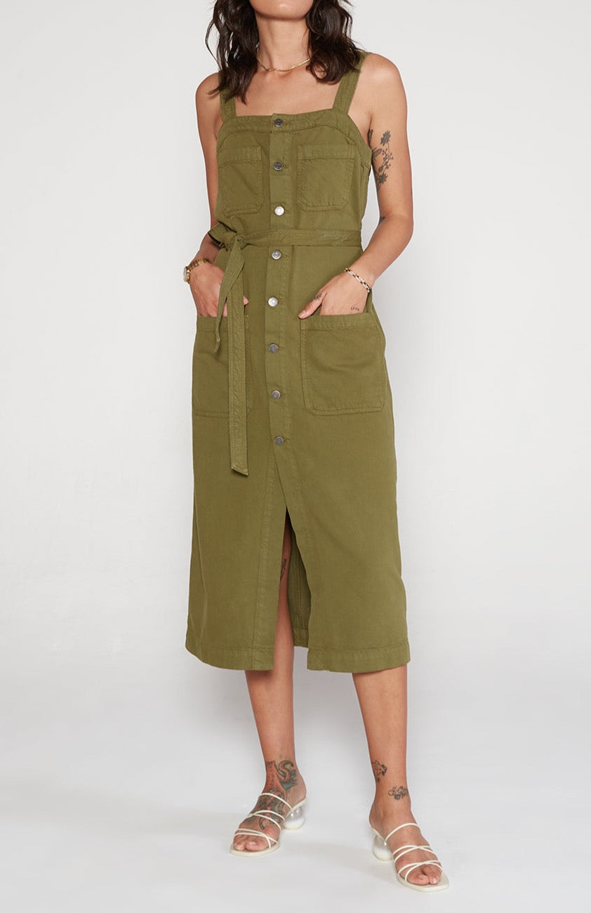 Luisa Olive Green Midi Denim Dress**FINAL SALE**