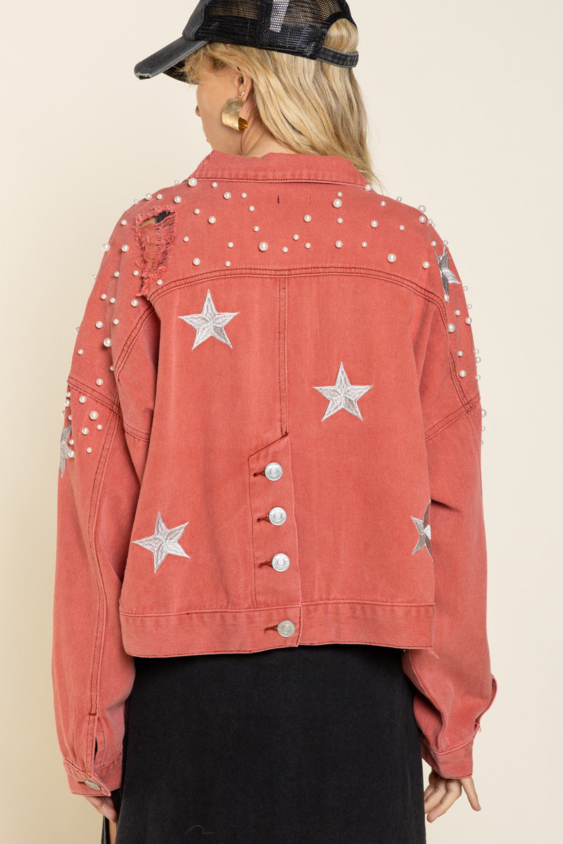 Pearl and Stars Relaxed Fit Denim Jacket- Powder Brick Red