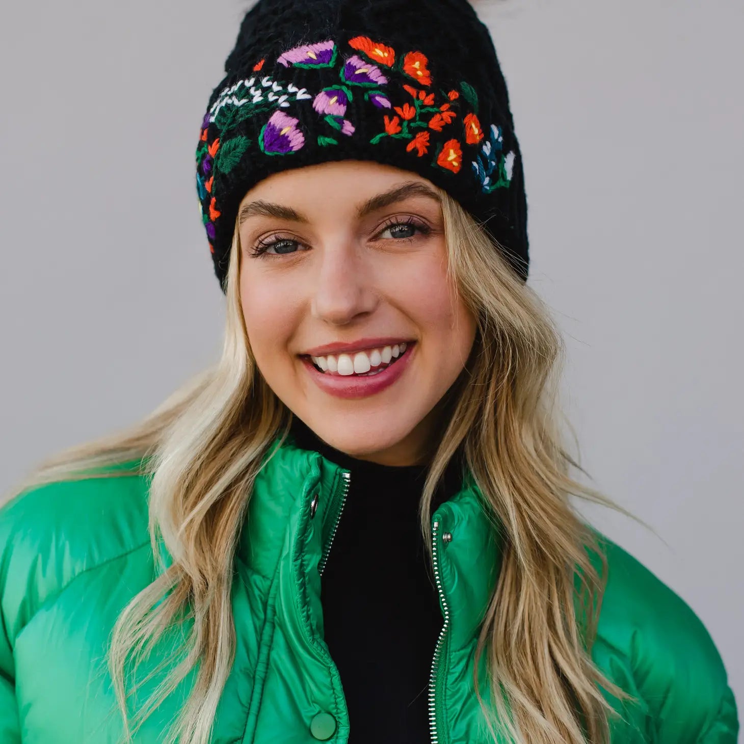 Floral Hand Stitched Cuff Pom Hat