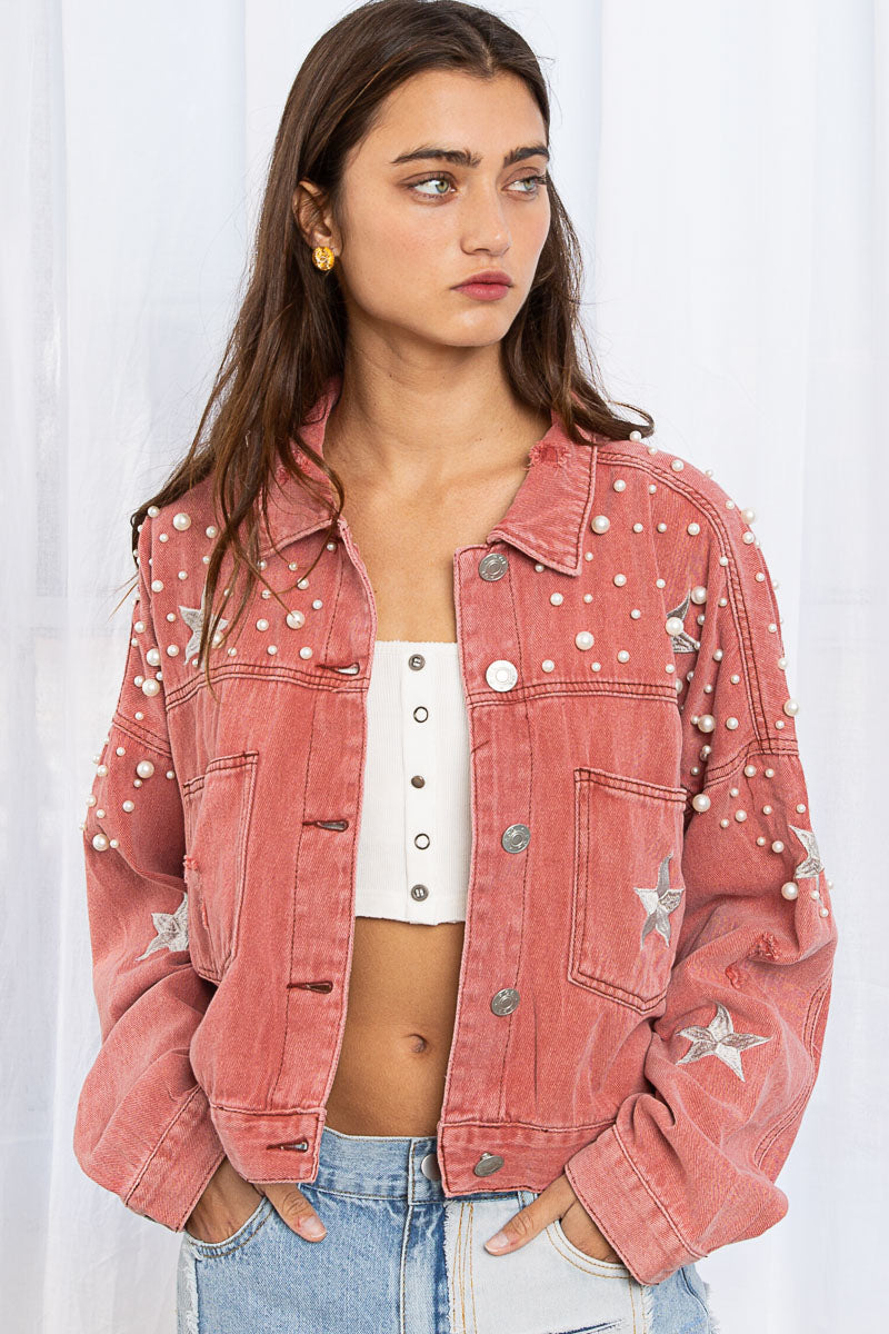 Pearl and Stars Relaxed Fit Denim Jacket- Powder Brick Red