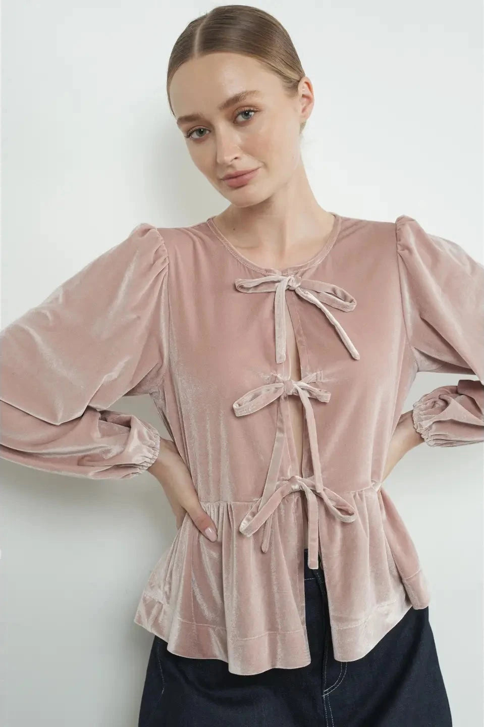 Velvet Bow Tie Peplum Blouse- Dusty Pink