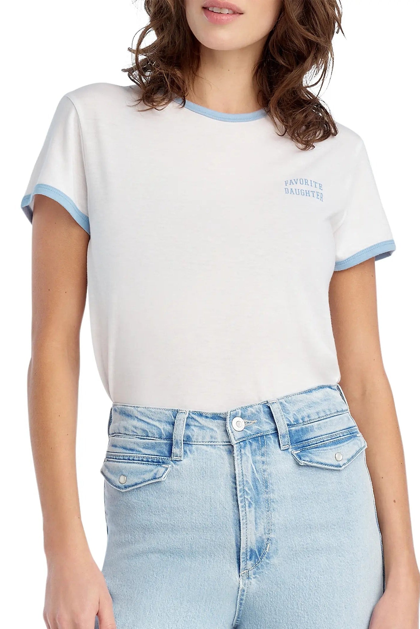 The Collegiate Chest Logo Ringer T-Shirt- White Sea Blue