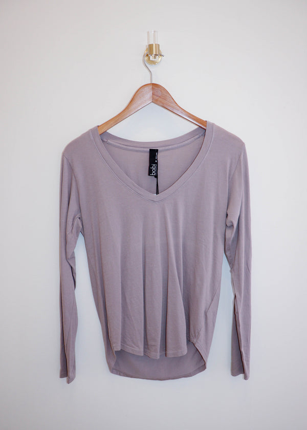 Long Sleeve V-Neck Basic Tee- Lead Grey