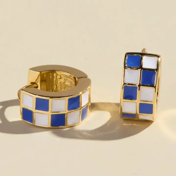 Blue and White Checkered Enamel Huggies- Gold