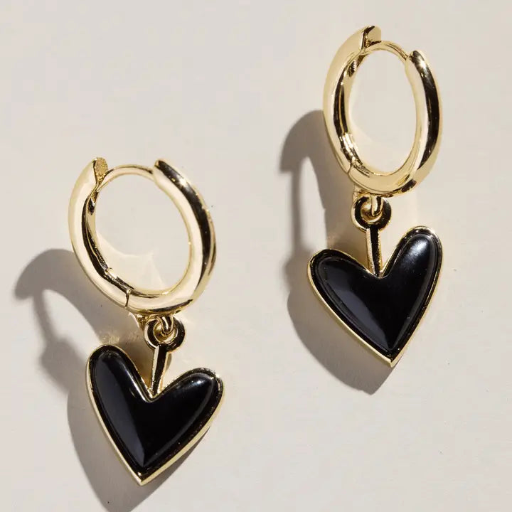 Onyx Stone Sweetheart Huggie Earrings
