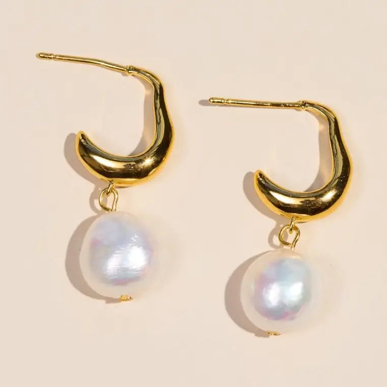 Gold Pearl Drop Hoops