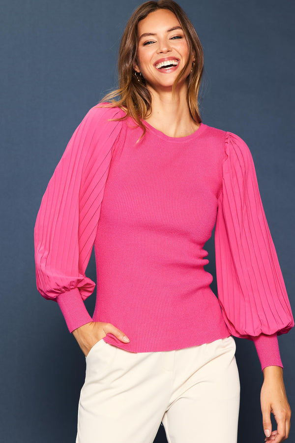 Mixed Media Pleated Sleeve Knit Top- Pink