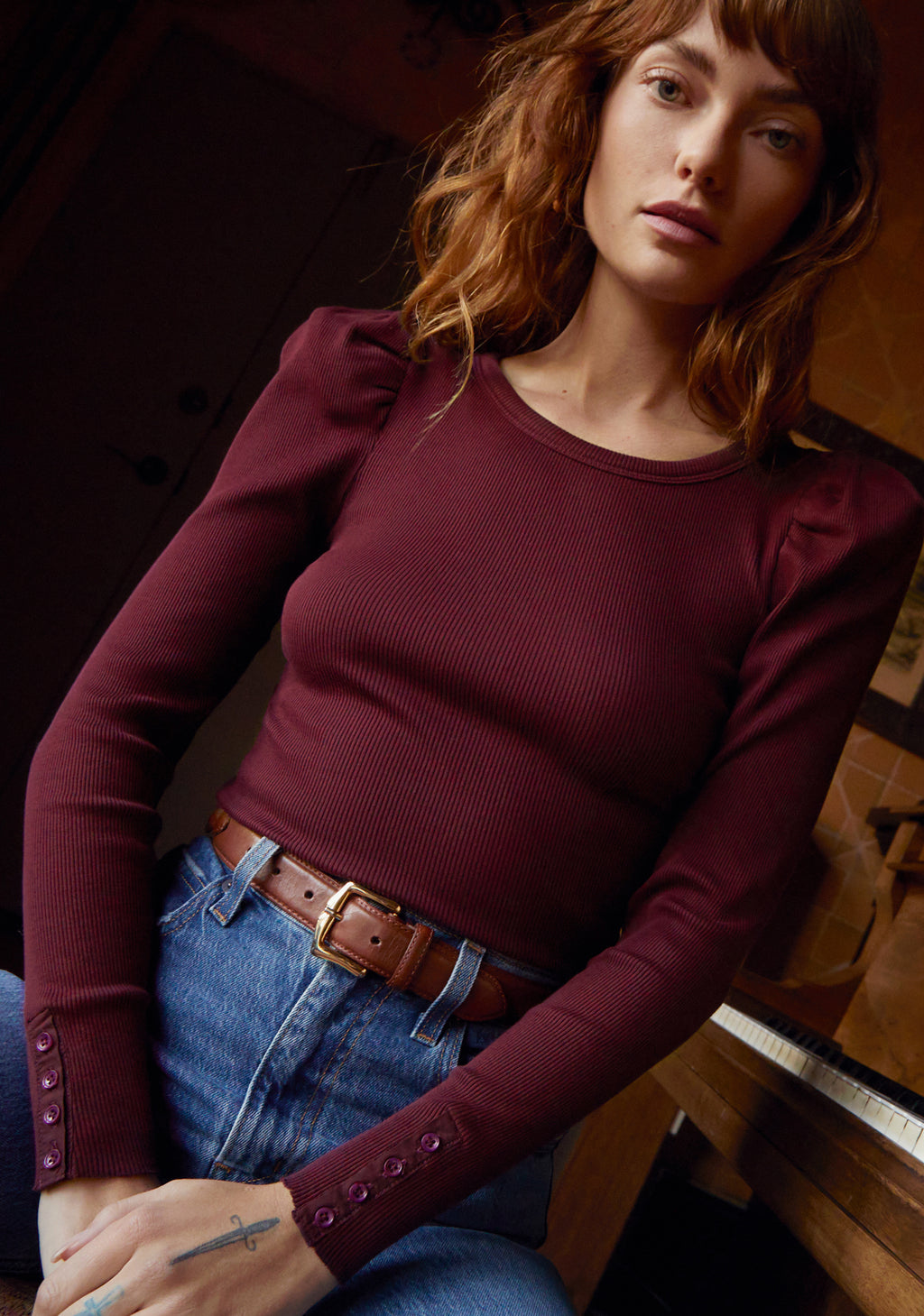Molly Tee With Button Details- Bloodstone Burgundy**FINAL SALE**