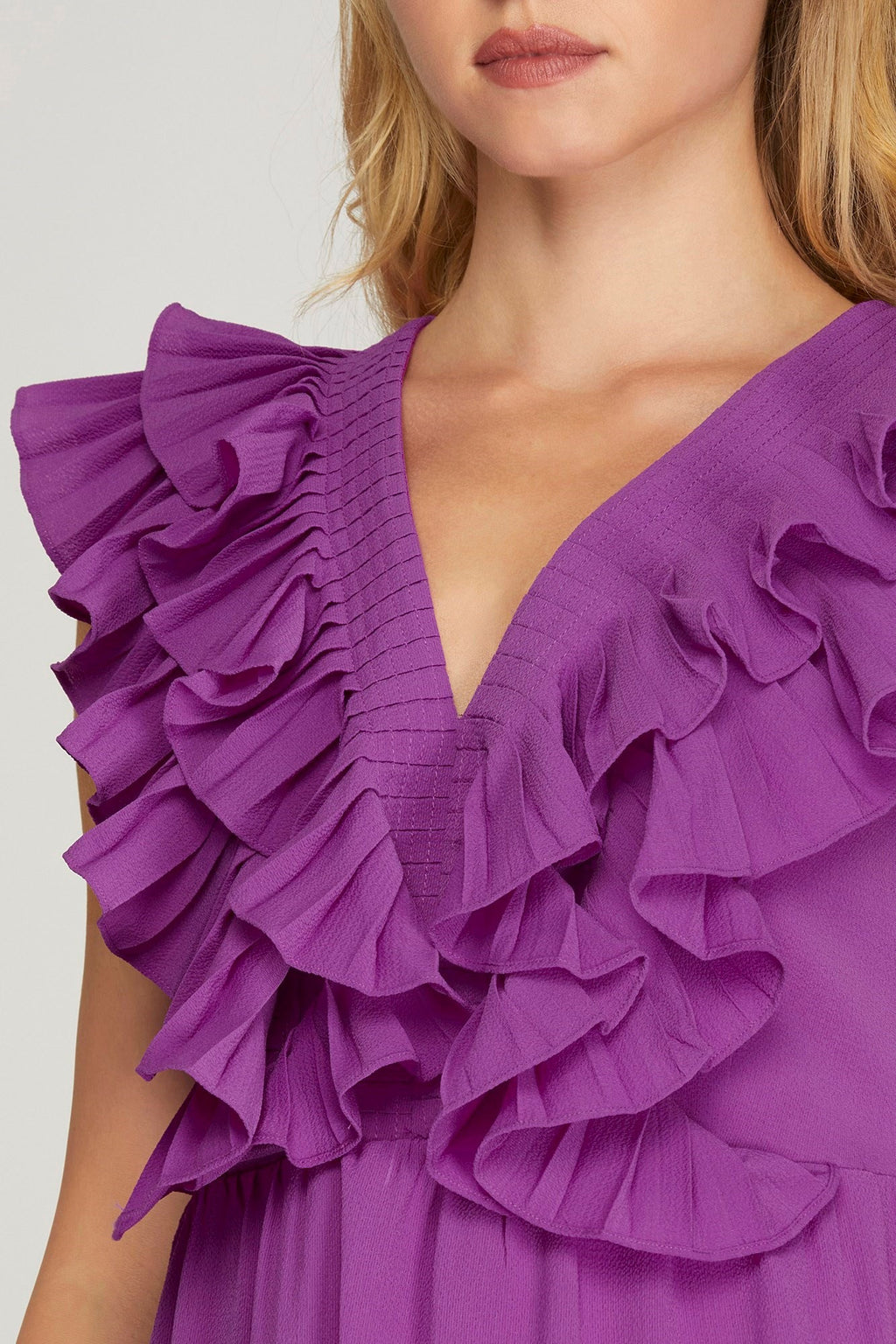 Ruffle V-Neck Tiered Dress- Purple