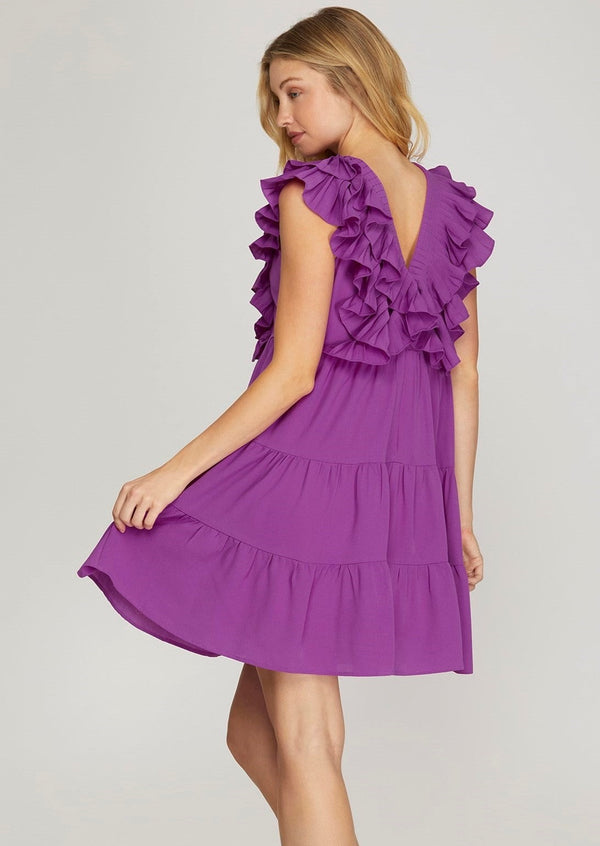 Ruffle V-Neck Tiered Dress- Purple