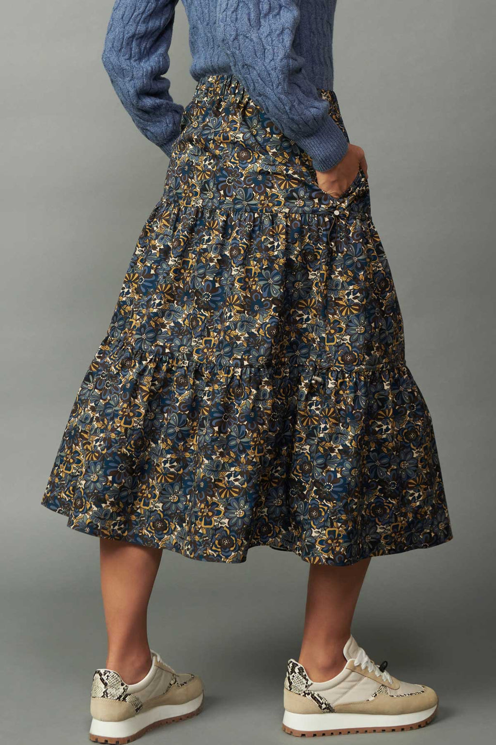 Floral Print Midi Skirt- Blue/Brown